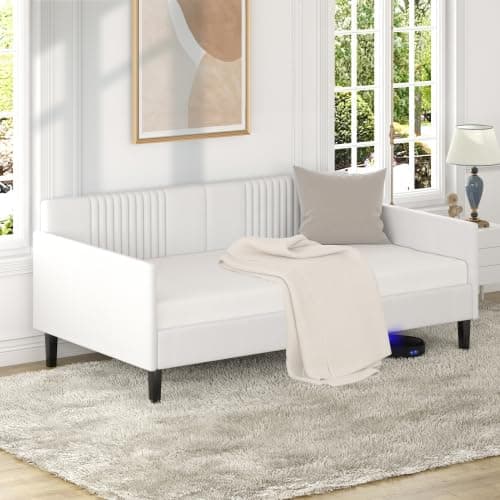 Twin Size Upholstered Daybed with Wood Slat Support in Ivory Velvet