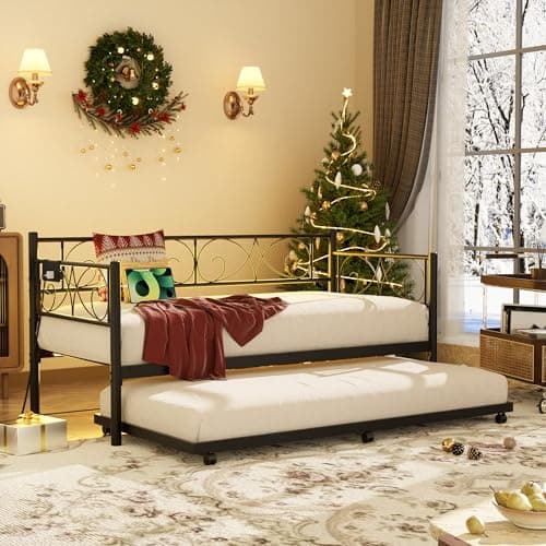 Unikito Black Metal Daybed with Pop-Up Trundle, Charging Station, and LED Lights