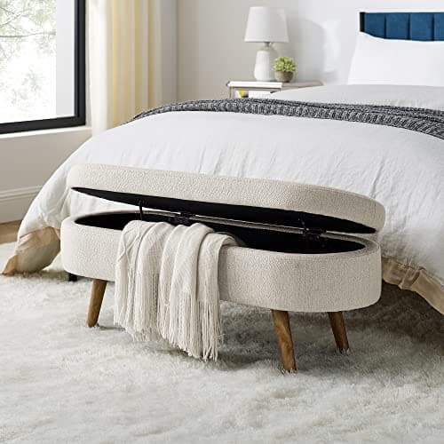 Storage Ottoman Bench End of Bed, 43 Oval Linen Fabric Bench for Living Room, Bedroom, Entryway