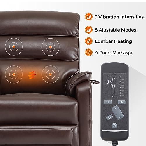 Irene House 9198L Tall Power Lift Chair with Heat Massage & Footrest(Brown Faux Leather)