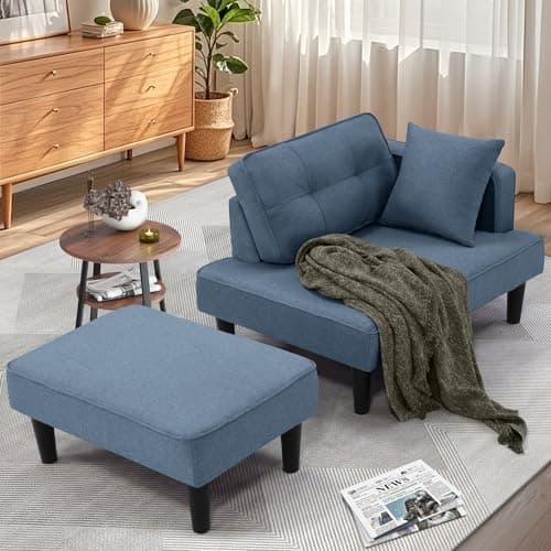 SEJOV Convertible Recliner Sofa Bed, Small Living Room Sectional with Chaise & 2 Pillows, Linen Blue