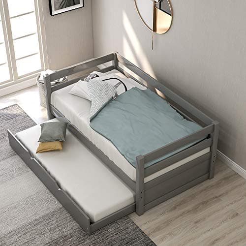 Merax Grey Twin Daybed with Trundle, Solid Wood Captains Bed Sofa Frame