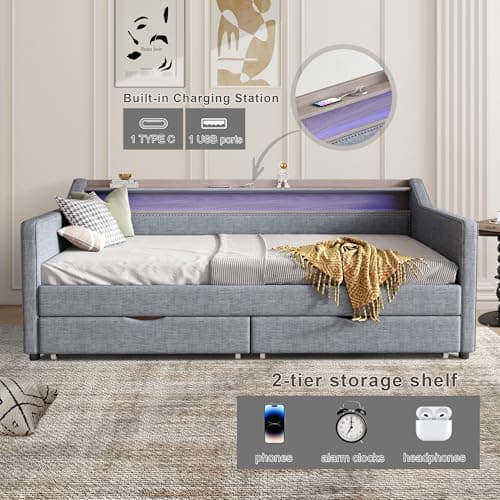 Linen Upholstered Ball & Cast Twin Daybed with Storage & Light Grey USB Port