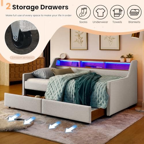 Antetek Beige Upholstered Daybed with Storage & USB Charging, Modern Living Room Sofa Bed