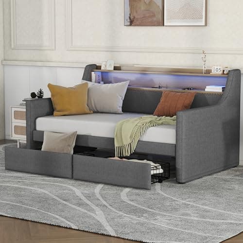 Linen Upholstered Ball & Cast Twin Daybed with Storage & Light Grey USB Port