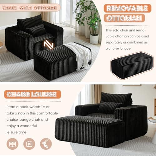 Oversized 48.5 Indoor Chaise Lounge Chair with Ottoman - Plush Corduroy Sofa for Living Room (Black)