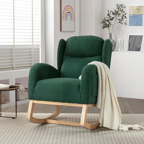 Rocking Chair for Nursery: Teddy Upholstered Glider with Side Pockets and High Backrest in Black
