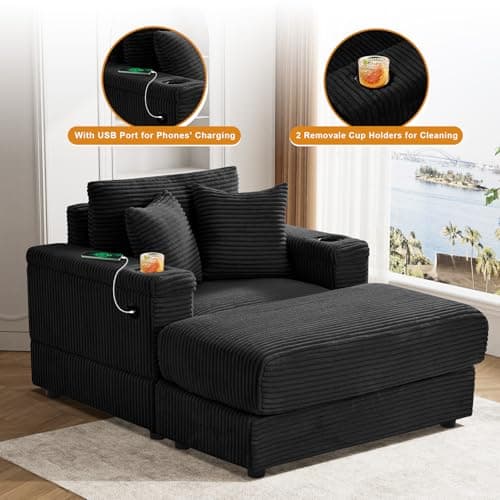 Oversized Chaise Lounge Chair with USB & Cup Holder - Black