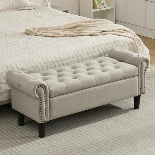Light Brown Linen Tufted Storage Bench with Rolled Arms & Ottoman, 50" Queen End of Bed Bench
