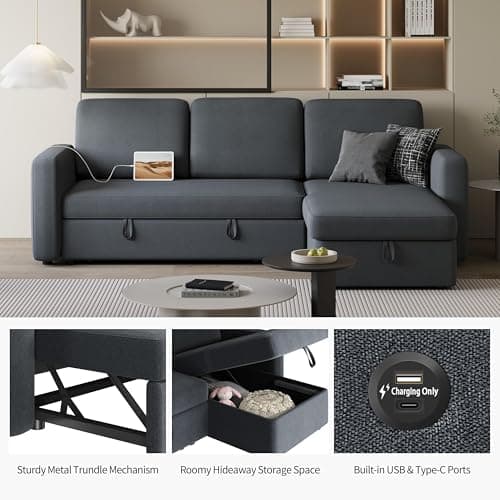 Yaheetech Dark Gray L-Shaped Couch Bed with Chaise & Storage