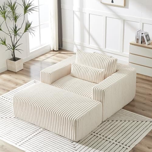 Beige Oversized Chaise LoungeChair with Ottoman, Deep Seat Sofa