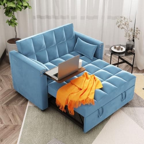 3-in-1 ORRD Convertible Sofa Bed, Faux Leather Loveseat with Pull-Out Chaise Lounge and Hidden Table