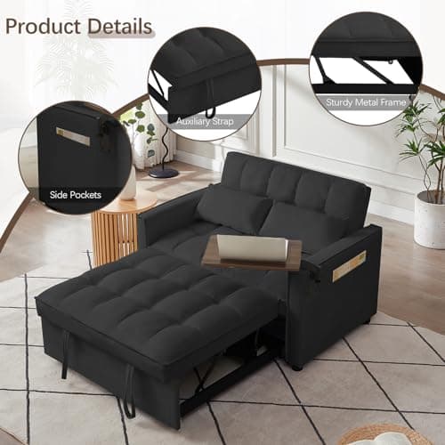 3 in 1 Sleeper Sofa Bed, Velvet Futon with Chaise Lounge & Reclining Backrest (Black)