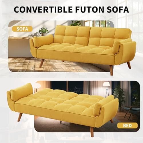 Golden Yellow Convertible Futon Sofa Bed, Linen 75" W 3 Seater with Adjustable Backrests