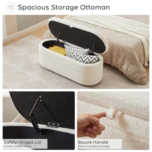 White Sherpa Padded Ottoman Bench with Storage for Living Room and Bedroom
