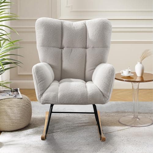 Beige Teddy Upholstered Rocking Chair with High Backrest for Bedroom & Living Room