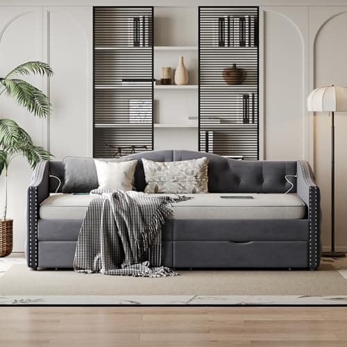 Twin Upholstered Daybed with Storage, Button-Tufted Velvet Sofa Bed,Haze Grey