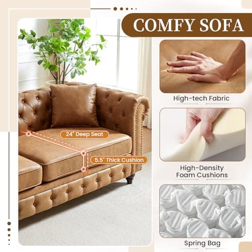 Mid Century Modern Button Tufted Loveseat & 3 Seater Brown Couch Set