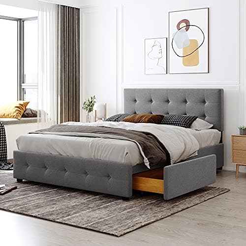 Upholstered Daybed with Trundle, Drawers, and Wood Slat Support Frame - Grey