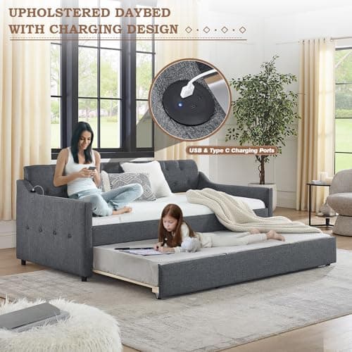 JEEOHEY Dark Grey Twin Day Bed with Pop Up Trundle & USB Port