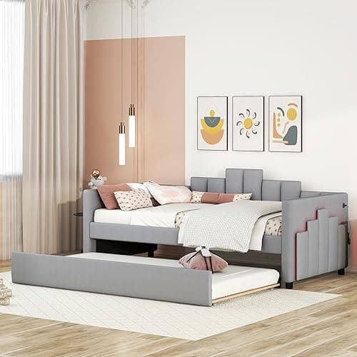 Upholstered Daybed with 2 Drawers and Diamond-Tufted Backrest, Gray