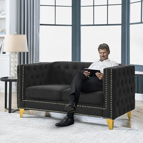 Modern Velvet Chesterfield Sofa with Button Nailhead - Black