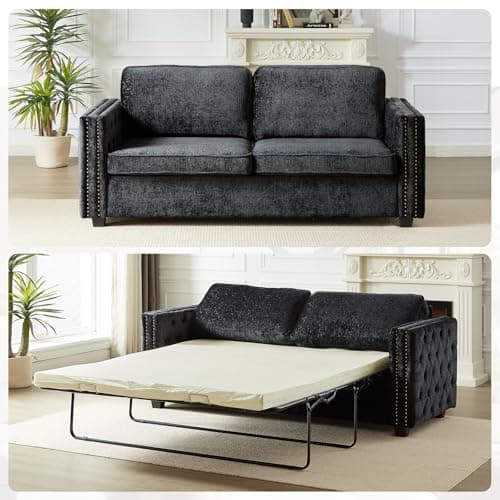 Chenille Convertible Sleeper Couch Bed, Full Size Memory Foam Mattress(Green)