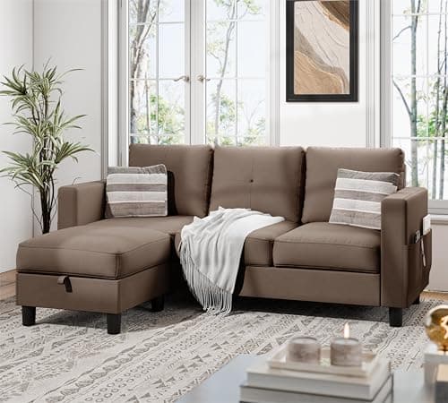JAMFLY L-Shaped Sectional Sofas with Storage for Small Spaces, Light Brown
