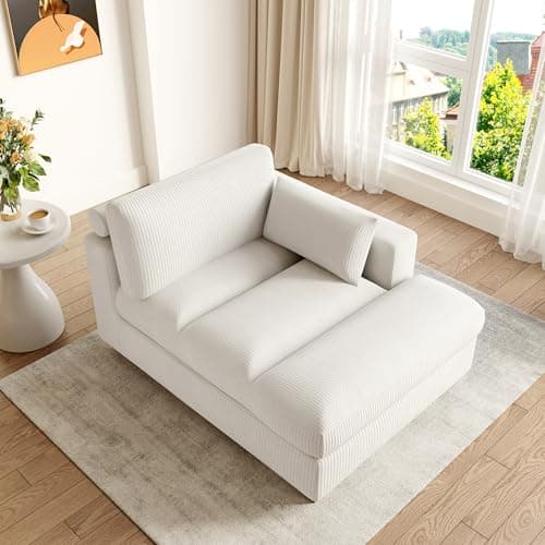 Oversized Beige Corduroy Chaise Lounge for Bedroom & Living Room (Left Arm)