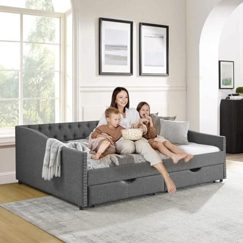JEEOHEY Grey Linen Button Tufted Queen Daybed with Storage & Nailhead Trim