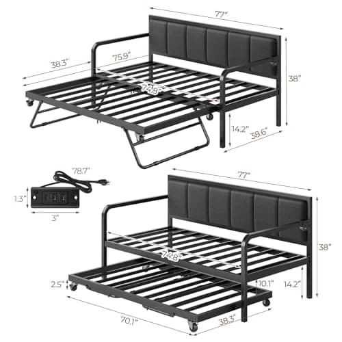 Rolanstar Adjustable Height LED Daybed with USB, Grey Upholstery for Living Room