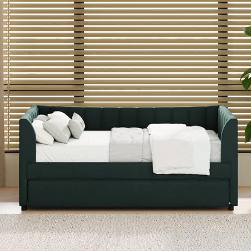 Merax Velvet Daybed with Backrest and Armrests, Green, Twin with Trundle