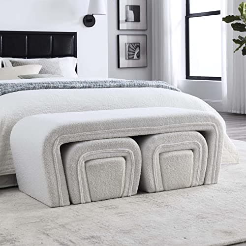 Upholstered Ottoman Bench Set with 2 Small Stools and Footrests
