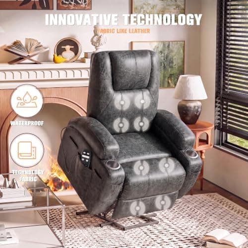 Flamaker Power Lift Recliner Chair PU Leather with Massage for Elderly Ergonomic Lounge Chair Classic Single Sofa with 2 Cup Holders Side Pockets Home Theater Seat (Leather, Light Black)