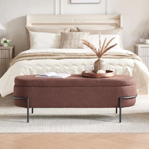 Sherpa Storage Bench, 52 Inch Oval Ottoman with White Upholstery and Metal Stand