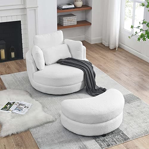 Modern Swivel Chair with Storage Ottoman in White Teddy Fabric