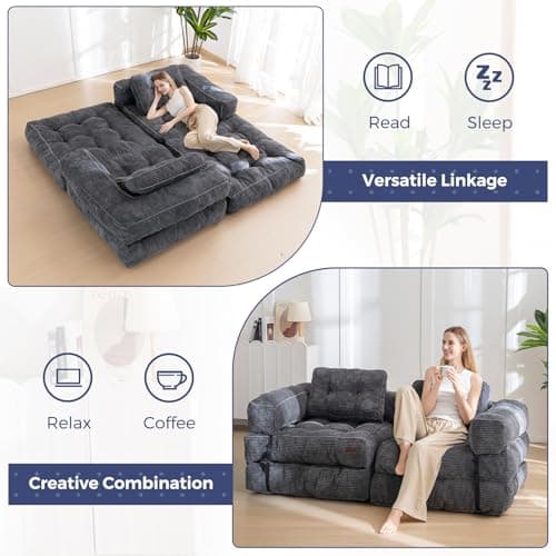 MAXYOYO L-Shaped Foldable Sleeper Sofa Bed, Dark Grey