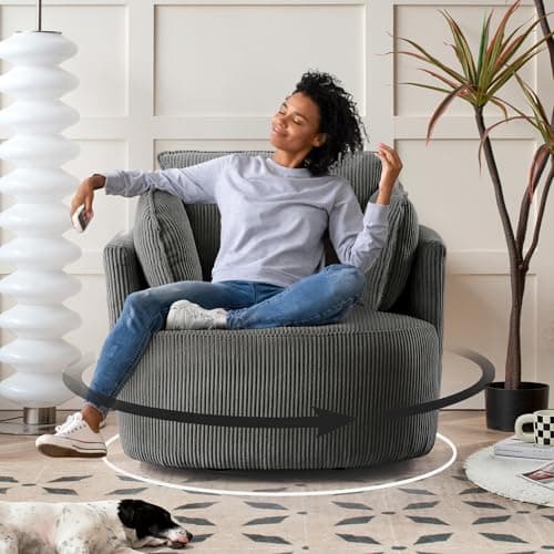 360° Swivel Gray Corduroy Accent Chair with Detachable Cushions