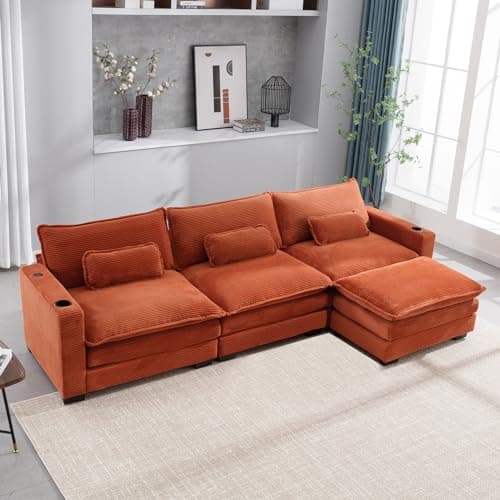KIVENJAJA Beige Corduroy Cloud Sectional Couch, 82.7"W, Modular Loveseat with Ottoman & USB Port