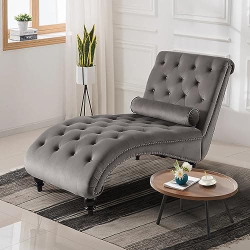 Pink Velvet Chaise Lounge Chair with Lumbar Pillow for Living Room or Bedroom