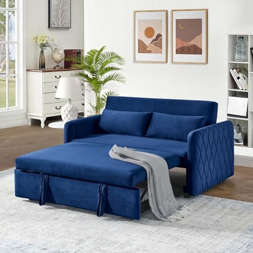 Convertible Sleeper Sofa Couch with Pull Out Bed, 55 Modern Velvet Sofa Bed with Adjustable Backrest & Side Pocket in Green