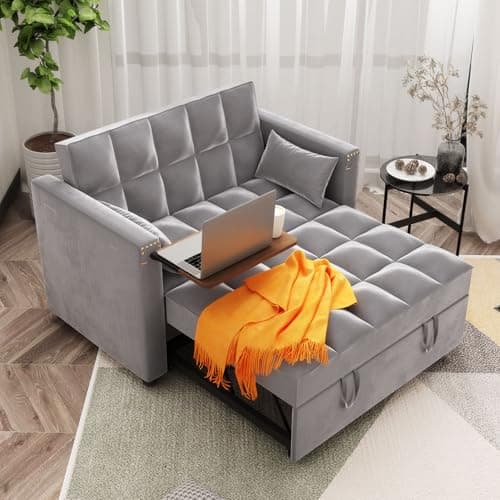 3-in-1 ORRD Convertible Sofa Bed, Faux Leather Loveseat with Pull-Out Chaise Lounge and Hidden Table