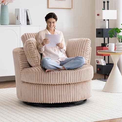 40" Modern Black Swivel Chair with 360° Metal Base & Plush Pillows, Thick Cushion, Living Room & Bedroom Accent (Black)