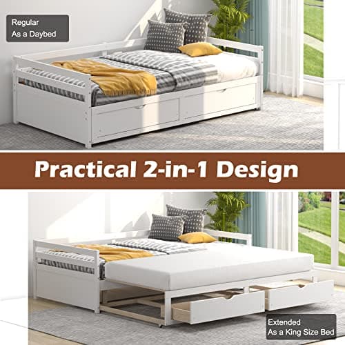 Modern Twin to King Daybed with Trundle, 2 Drawers, Pull Out Bed - White