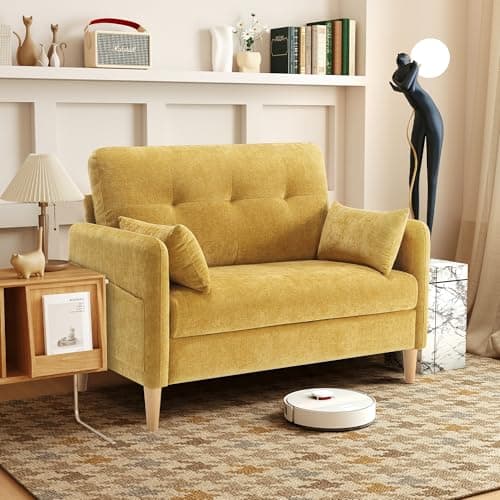 47" Soft Chenille Love Seat Sofa, Tool-Free Setup, All Wood, Yellow