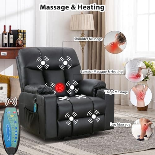 Bonzy Home 26" Extra Wide Power Recliner with Heat & Massage, Faux Leather Cup Holders