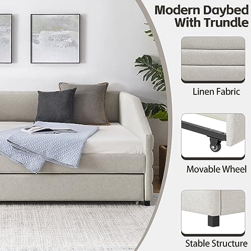 Twin Size Daybed with Trundle for Apartment Living Room - Beige