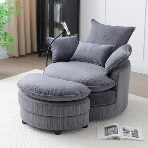 Modern Grey 360 Degree Swivel ARMChair with Phone Holder & Storage Ottoman
