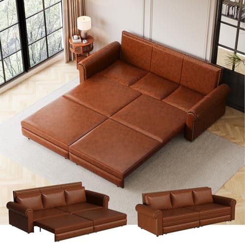 Light Brown 93.7" 3-in-1 Recliner Sleeper Sofa Bed, Faux Leather Office Living Room