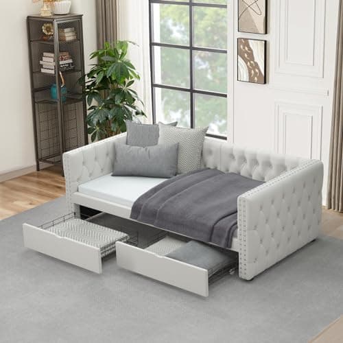 JEEOHEY Velvet Button Tufted Twin Daybed with Storage (Beige)